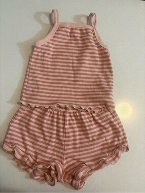 Quincy Mae Evie Pink Striped Ribbed Matching Ruffled Shorts and Tank Set